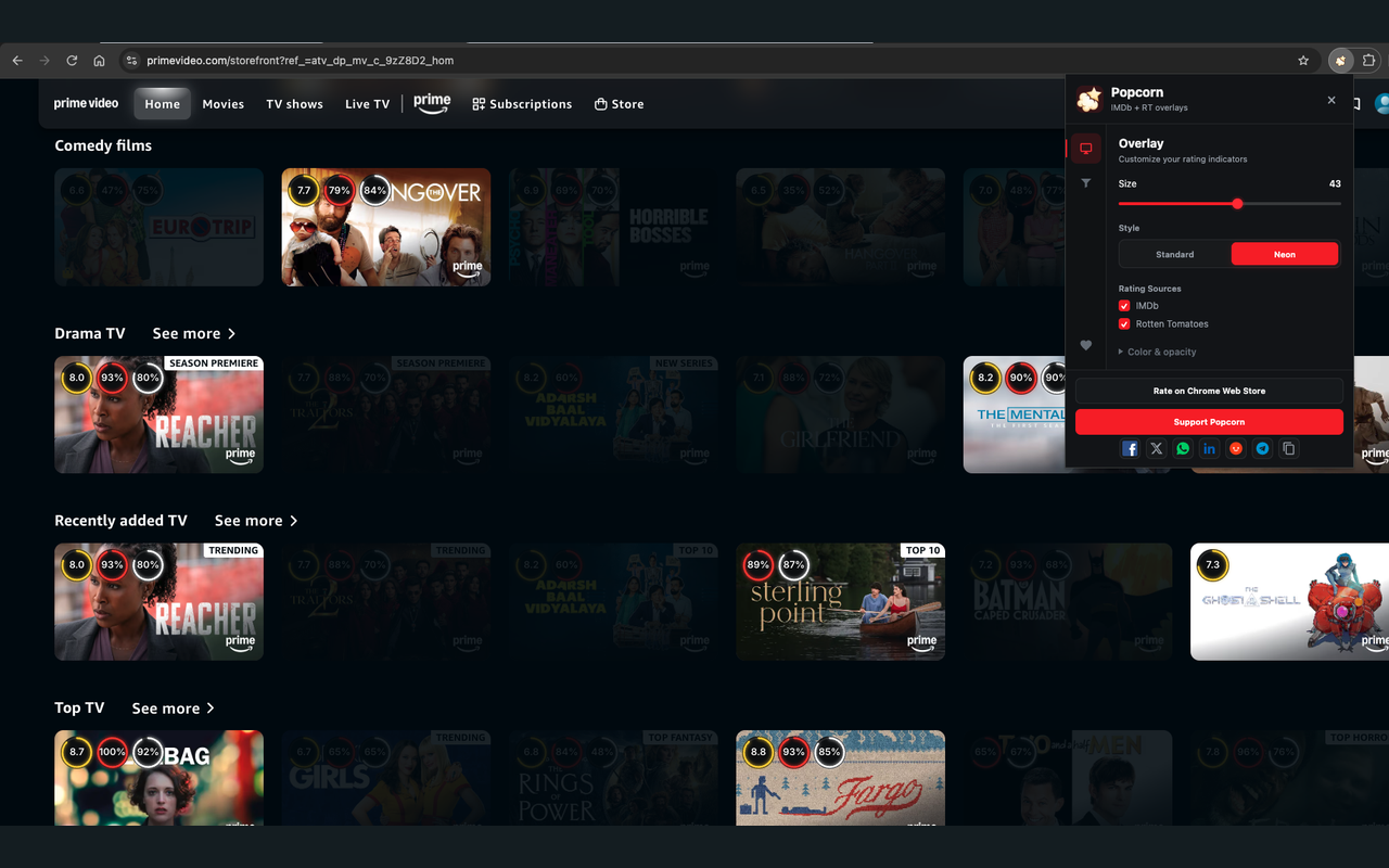 Ratings overlays on Prime Video browse