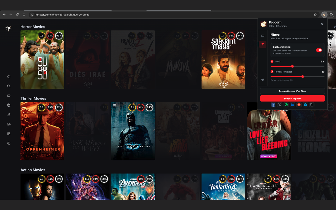 Hotstar browse with score overlays and fade filters