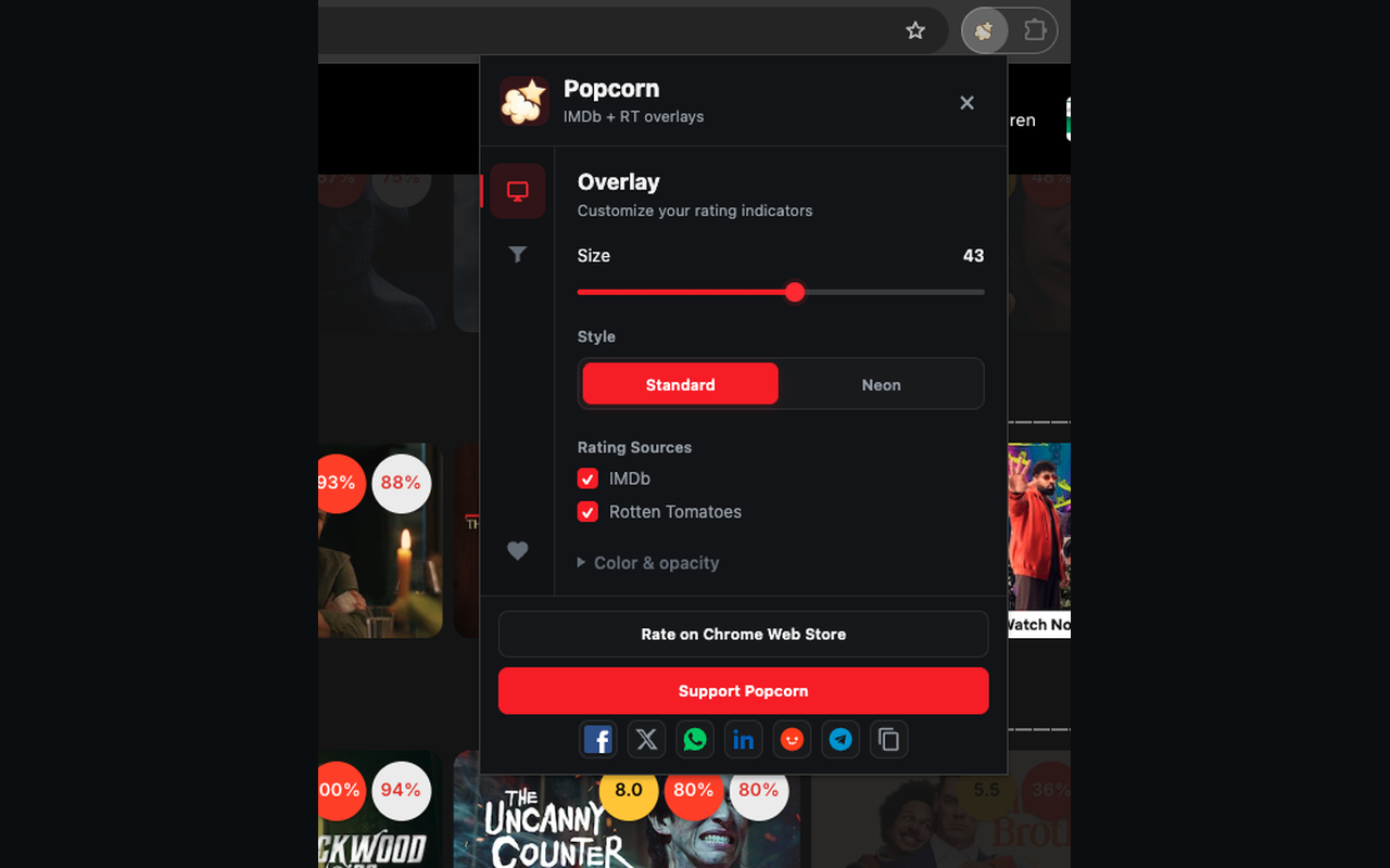 Popcorn overlay sidebar with chip style and source toggles