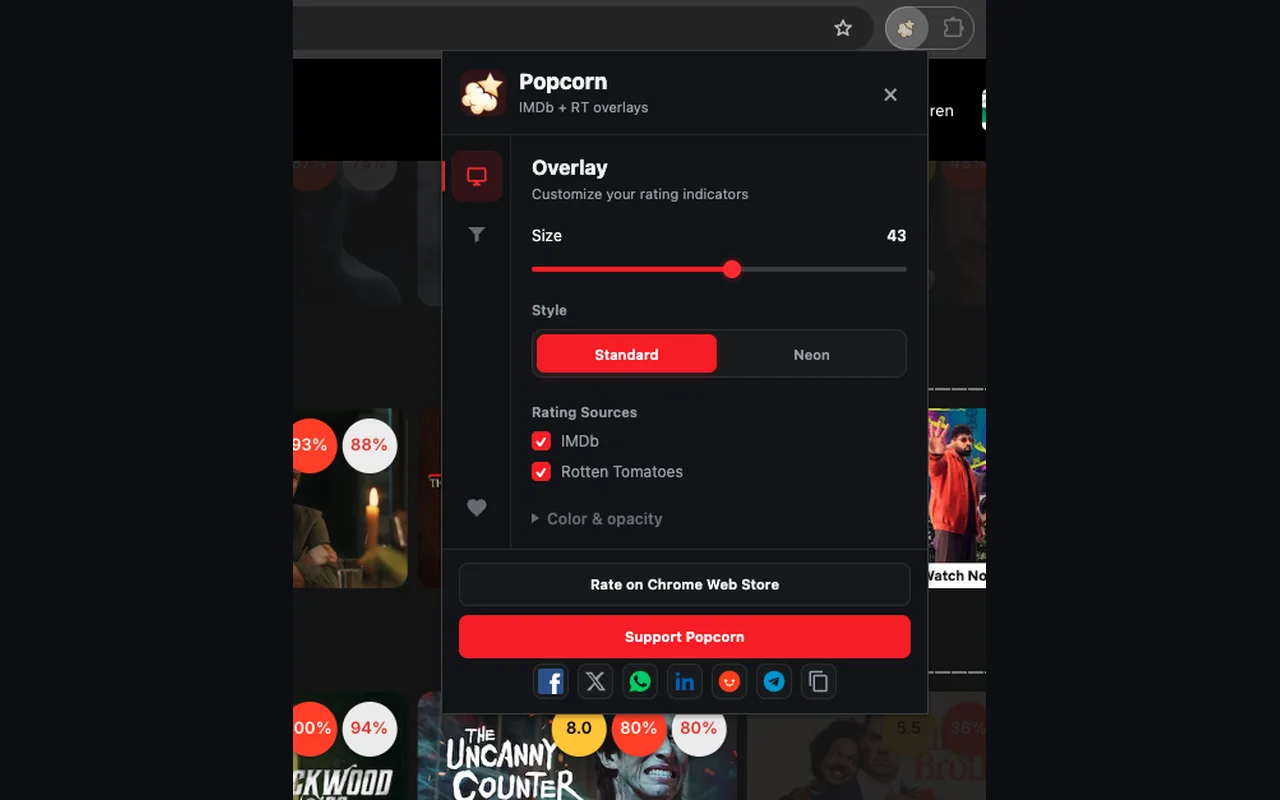 Popcorn overlay settings with a size slider, Standard and Neon styles, and IMDb and Rotten Tomatoes source toggles