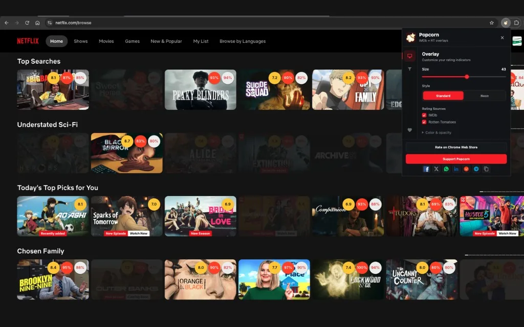 Netflix browse page with Popcorn rating badges on posters and the overlay settings open