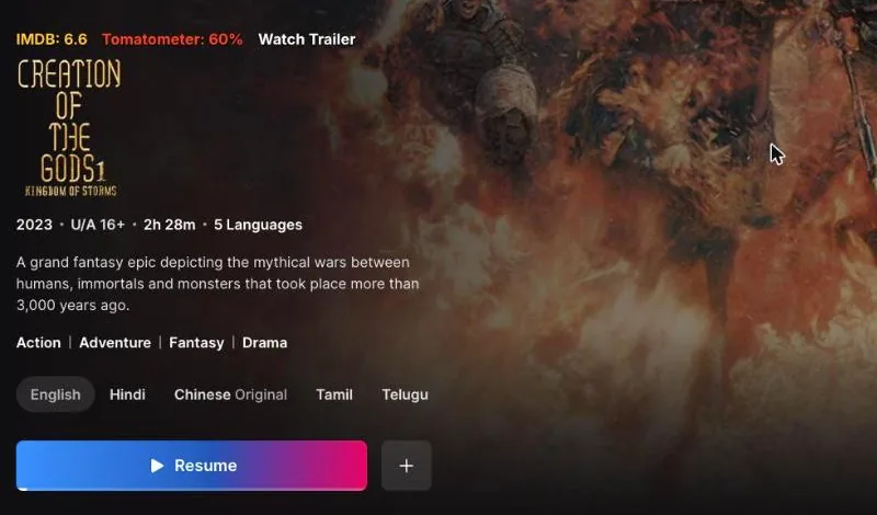 JioHotstar title page showing IMDb 6.6 and Tomatometer 60% added by Popcorn above the title