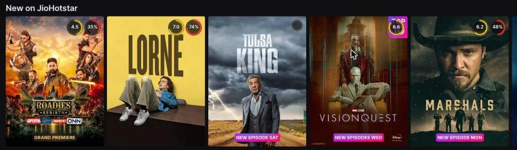 JioHotstar New on JioHotstar row with IMDb and Rotten Tomatoes badges on posters
