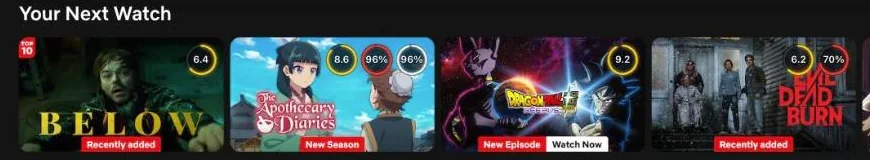 Netflix row with IMDb and Rotten Tomatoes score badges on each poster