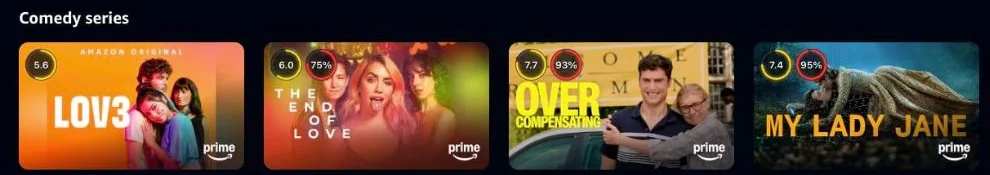 Prime Video Comedy series row with IMDb and Rotten Tomatoes badges on each poster