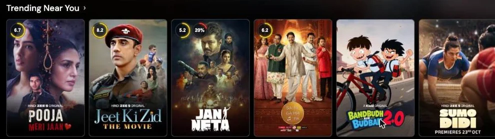 ZEE5 Trending Near You row with IMDb badges on several posters